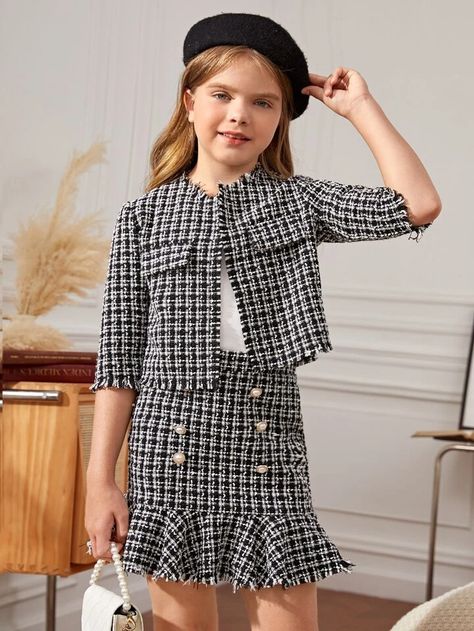 SHEIN Girls Plaid Tweed Jacket & Ruffle Hem Skirt | SHEIN USA Black Kids Fashion, Shein Kids, Girls Dress Outfits, Kids Dress Wear, Diy Vetement, Winter Fashion Outfits Casual, Fashion Top Outfits, Skirts For Kids