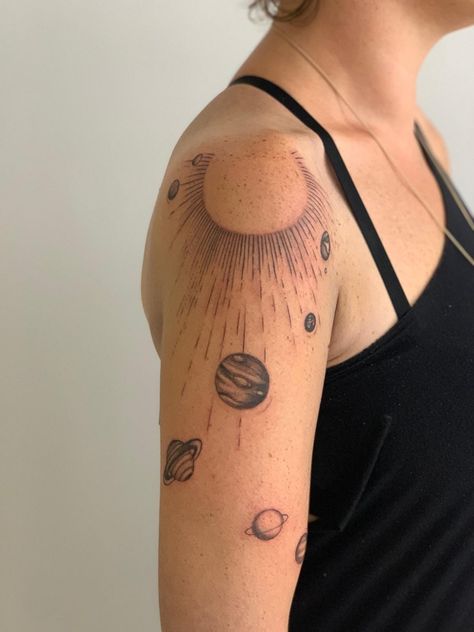 Universe Tattoo Designs For Women, Planet Tattoos Shoulder, Planet Half Sleeve Tattoo, Hand Tattoos Galaxy, Planet Patchwork Tattoo, Universe Shoulder Tattoo, Solar System Leg Tattoo, Planet Shoulder Tattoo, Planet Sleeve Tattoo