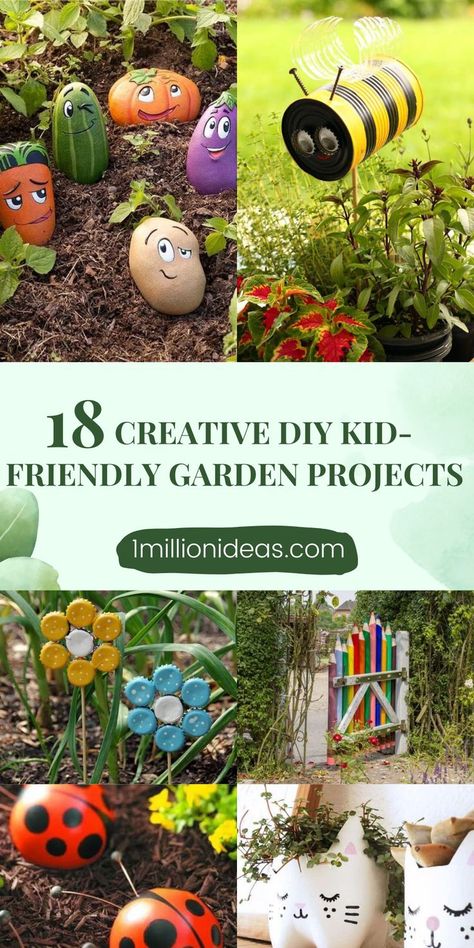 Gardening isn’t just about the hard work, it can be fun for most, and especially kids. Gardening can be a fantastic family affair, so if you have kids, why not get them involved early to get them away from the screen and out enjoying the fresh air? In the post today, we’ve summed up the 18 Creative DIY Kid-Friendly Garden Projects to add sunshine and playfulness that your kids will definitely love to help. Kids Garden Bed, Child Friendly Garden, Backyard Crafts, Tin Can Flowers, Fairy Garden Doors, Stone Plant, Homemade Bird Feeders, Unique Gardens, Diy Garden Projects