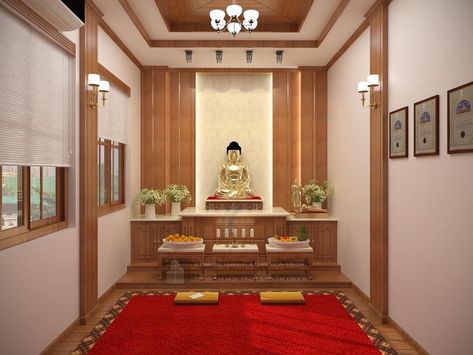 Shrine Room Design, Buddha Shrine Room Design, Puja Room Ceiling Design, Buddha Room Design, Puja Room Design Indian, Alter Room, Puja Design, Duplex Flat, Buddha Room