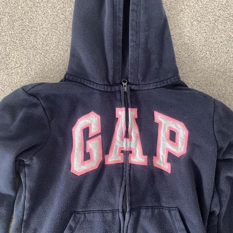 Navy gap zip up hoodie with pink lettering 
gap... - Depop Zipped Hoodie Outfit, Gap Zip Up Hoodie Outfit, Zip Hoodie Outfit, Gap Zip Up Hoodie, Hoodie Gap, Pink Zip Up Hoodie, Fitted Hoodie, 90s 00s, Hoodie Outfit