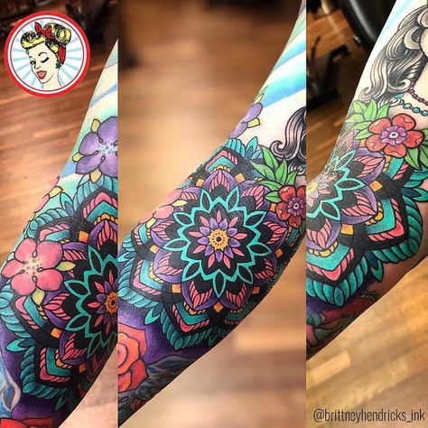 Geometric Flower Tattoo Color, Womens Colorful Sleeve Tattoo, Mandala Color Tattoo Women, Colourful Mandala Tattoos For Women, Mandela Tattoo Color, Mandala Colored Tattoo Design, Coloured Mandala Tattoo, Color Mandala Tattoo Sleeve, Rainbow Mandala Tattoo