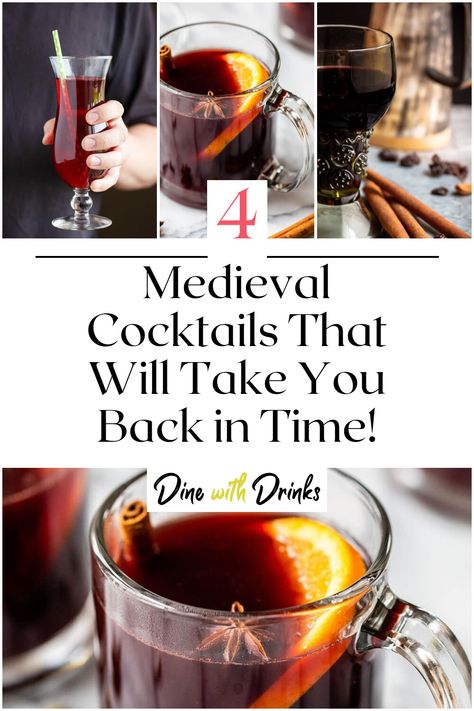 Collage of 4 medieval cocktails. Lord Of The Rings Alcoholic Drinks, Medieval Recipes Middle Ages, Viking Dinner Party, Medieval Cocktails, Middle Ages Recipes, Medieval Feast Recipes, Fantasy Themed Cocktails, Medieval Food Ideas, Medieval Times Party