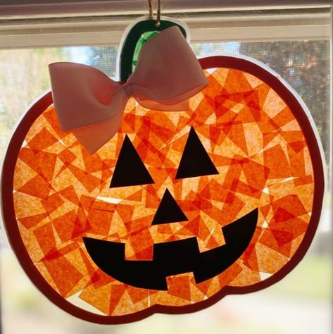 Pumpkin Suncatcher! - Pumpkin Mosaic Craft, Fall Suncatchers Preschool, Pumpkin Sun Catchers For Kids, Fall Sun Catchers Preschool, Pumpkin Crafts For Kindergarteners, Pumpkin Preschool Activities Art, Tissue Paper Pumpkin Craft, Pumpkin Window Display, Pumpkin Window Art