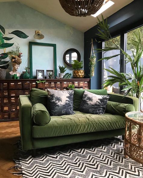 Green sofa and accents, plants and vintage library chest in this eclectic living room. Green Couches, Green Couch, Eclectic Modern, Eclectic Living Room, Green Sofa, A Living Room, Eclectic Home, Eclectic Decor, Home Fashion