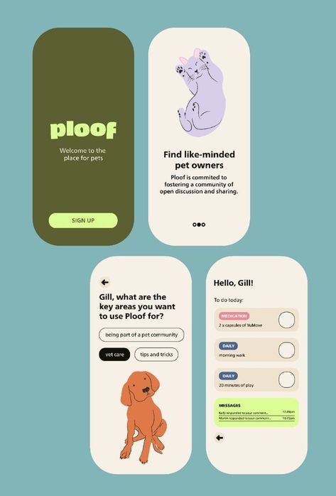 #affiliate UX UI App Design Wireframes for Ploof Community Pet App Branding in 2024 | Pet logo design, Web app design, Graphic design ads Website App Design, Cool App Design, App Ux Design Inspiration, Pet App Ui Design, Mobile Apps Designs, Cute App Design, App Branding Design, Animal Website Design, Pet App Design