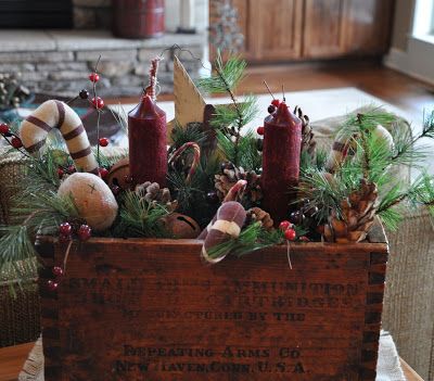 Toolbox Ideas, Vintage Sisters, Primitive Country Christmas, Cheese Box, Table Bases, Prim Christmas, Electric Candles, Birdcages, Christmas Arrangements