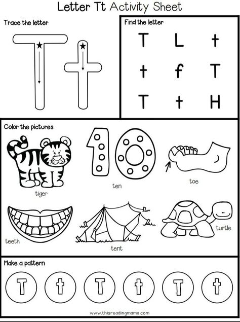 Letter Tt Worksheet, Preschool Alphabet Book, Preschool Curriculum Free, Alphabet Activities Kindergarten, Counting Activities Preschool, Alphabet Letter Crafts, The Letter T, Alphabet Worksheets Kindergarten, Kindergarten Reading Activities