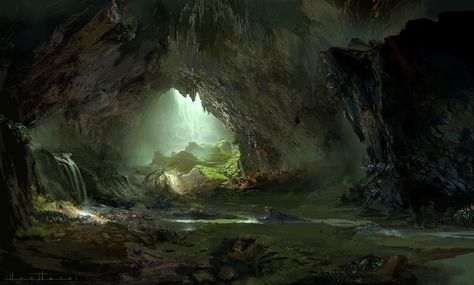 cave 2, HeeWann Kim on ArtStation at https://www.artstation.com/artwork/A9bON Caves Art, Cave Artwork, Magical Cave, Cave Art, Cave World Fantasy Art, Spider Cave Art, Cave Lake Fantasy Art, Cave Game, Dragon In Cave