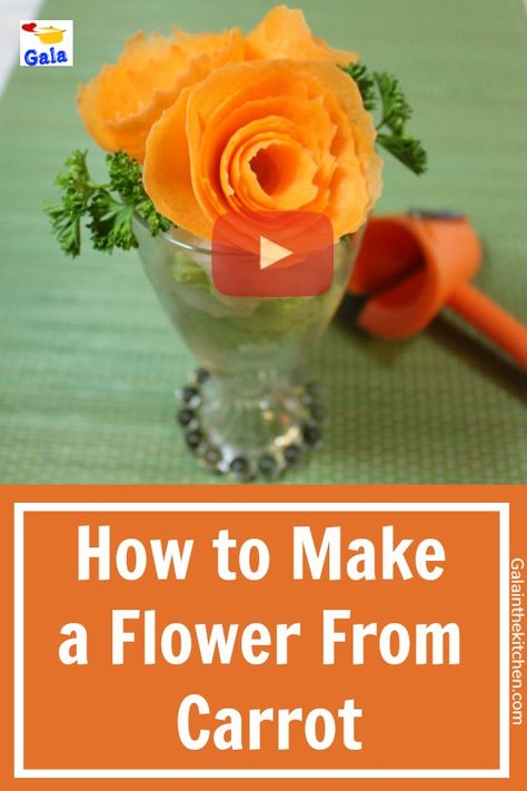 Video How to make a flower from carrot with NorPro carrot curler. Now every curler works great for a carrot. I have 3 myself and NorPro works the best. No advertising here, honest review. For more details check Galainthekitchen.com Carrot Flowers Garnish, Garnish Ideas, Food Garnish, Carrot Flowers, Kindergarten Crafts, Food Decoration, Cute Food, Food Photo, A Flower