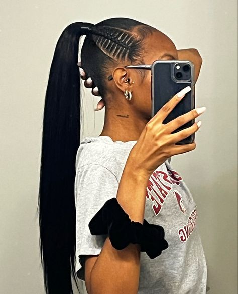 black woman with long high ponytail and stitch braid on the side Hairstyles Barbie Ponytail, Stitch Braid, Barbie Ponytail, Stitch Braids, Braided Ponytail Hairstyles, Hair Ponytail Styles, Ponytail Styles, Front Lace Wigs Human Hair, Braided Ponytail