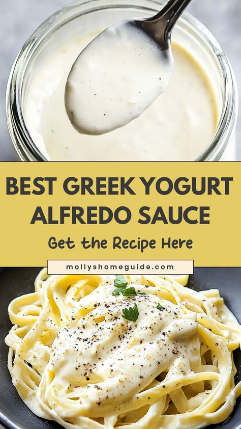 Indulge in a healthier alternative with this creamy and delicious Greek yogurt alfredo sauce recipe. Made with simple ingredients, this sauce is perfect for pasta dishes, vegetable dips, or drizzling over grilled chicken. With a rich and velvety texture, you won't even miss the traditional heavy cream version. Try making a batch today and experience the perfect balance of flavors in every bite. Add this versatile sauce to your go-to recipes for a guilt-free indulgence that satisfies every time. Chicken Alfredo Pasta Healthy Greek Yogurt, Cream Sauce With Greek Yogurt, Pasta Sauce Greek Yogurt, Pasta Yogurt Sauce, Greek Yogurt Chicken Sauce, Alfredo Sauce With Greek Yogurt, Sauces Made With Greek Yogurt, Greek Yogurt Add Ins, Greek Yogurt Sauce For Chicken