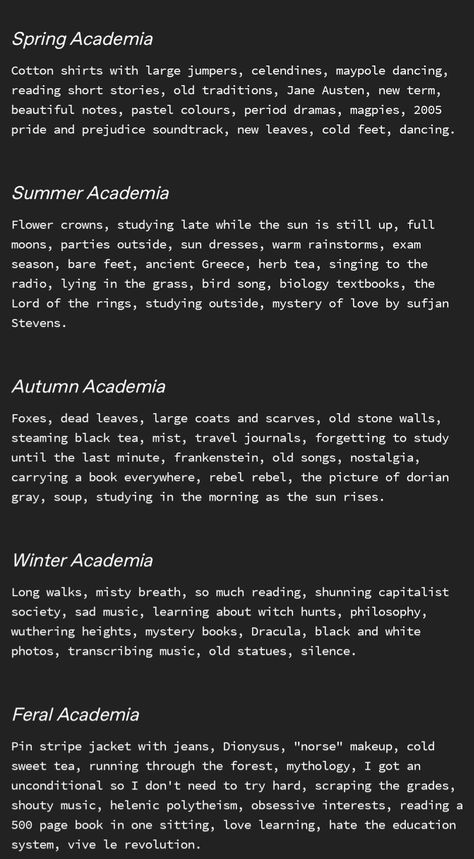 Types Of Dark Academia, Dark Academia Notebook Ideas, Feminine Dark Academia Outfit, Different Academia Aesthetics List, Obsessive Studying, Dark Academia Subjects, Classical Academia Aesthetic, Different Clothing Aesthetics Types List, Aesthetic Core Types