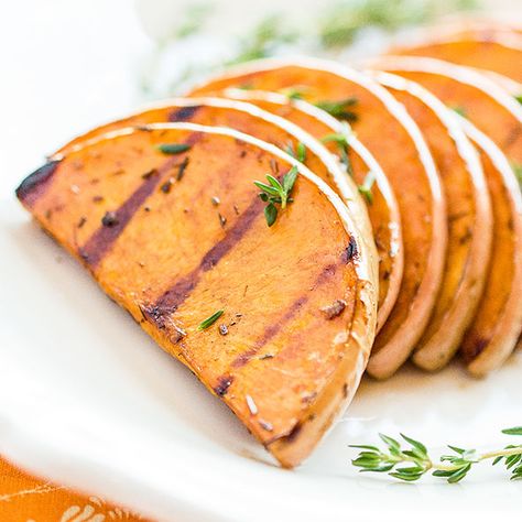 Garlic-Balsamic Grilled Butternut Bbq Butternut Squash Recipes, Butternut Squash Grilled, Grilled Butternut Squash Recipes, Bbq Squash, Grilled Butternut Squash, Garlic Balsamic, Paleo Dinners, Paleo Side Dishes, Grilled Meats