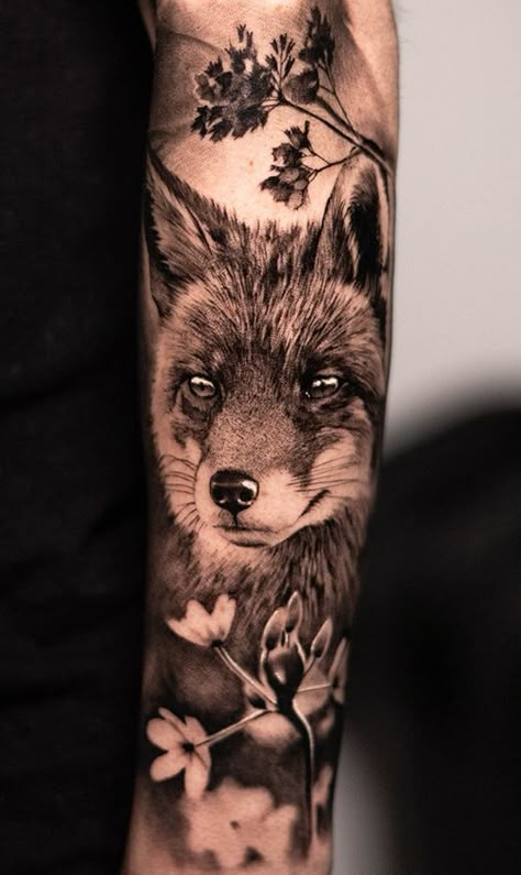 Black And Gray Fox Tattoo, Fox Portrait Tattoo, Fox Realism Tattoo, Fox Forest Tattoo, Fox Tattoo Forearm, Fox Floral Tattoo, Black And Grey Fox Tattoo, Fox Hand Tattoo, Fox Tatoos Design