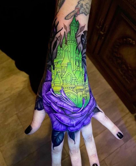 Disney Castle Tattoo, Dark Disney Tattoo, Spooky Disney, Castle Tattoo, Marvel Tattoos, Hand Tats, Scary Tattoos, Spooky Tattoos, Tatuaje A Color