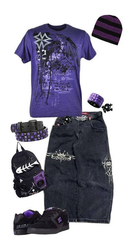 Purple Y2k Outfit, Y2k Outfits Men, Baggy Outfit Ideas, Street Style Outfits Casual, Purple Y2k, Silly Clothes, Purple Outfit, Purple Outfits, Tomboy Style Outfits