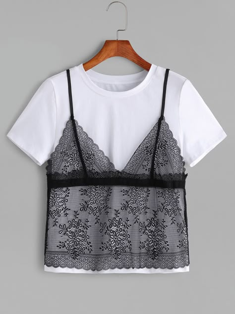 Shop Contrast Floral Lace Cami Overlay T-shirt online. SheIn offers Contrast Floral Lace Cami Overlay T-shirt & more to fit your fashionable needs. Festival T Shirts, Lace Tee, Lace Cami Top, Lace Camisole, Mode Inspo, Lace Cami, Monokini, Lace Sleeves, Floral Lace