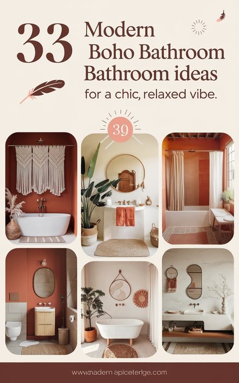 33 Modern Boho Bathroom Ideas for a Chic, Relaxed Vibe Boho Marble Bathroom, Mid Century Modern Boho Bathroom, Scandi Boho Bathroom, Bathroom Boho Decor Ideas, Soaking Tub Decor, Bohemian Bathroom Ideas, Boho Farmhouse Bathroom, Modern Boho Bathroom, Boho Style Bathroom