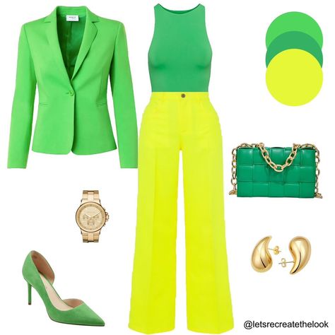 Lemon Lime - Recreated Outfit Idea 🍋 This is an analogous color combination. In color theory, analogous colors are a group of colors that are next to each other on the color wheel. For example shown here: green, yellow-green, yellow. I love playing with color and hope to show you all different combinations to play around with. Especially for spring and summer. If you’re not afraid to play around with color, save this post for color inspiration and look in your closet to see how you can creat... Lime Green And Yellow Outfit, Lemon Green Outfit, Lime Green Shirt Outfit, Lime Green Outfit Ideas, Analogous Outfit, Lime Green Outfit, Astetic Photos, Lime Green Outfits, Neon Jeans