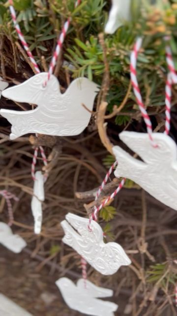 Amanda Evanston Freund on Instagram: "For the second year in a row we made doves out of air-dry clay and hung them on bushes for people to take. Anonymously. No names or money exchanged. It’s a new tradition but one I hope to keep going for many years to come. Air dry clay is easy and inexpensive, and it would be easy to do this in other shapes, but doves are especially sacred and special in my book. We hung over 200 this year, next year let’s aim for a thousand! ***The sign reads… TAKE A DOV Dove Ornaments Diy, Doves On Christmas Tree, Diy Dove Ornament, Wooden Dove Ornament, Amanda Evanston, Dove Ornament, Holiday Crafts Gifts, Dove Ornaments, Hope Symbol