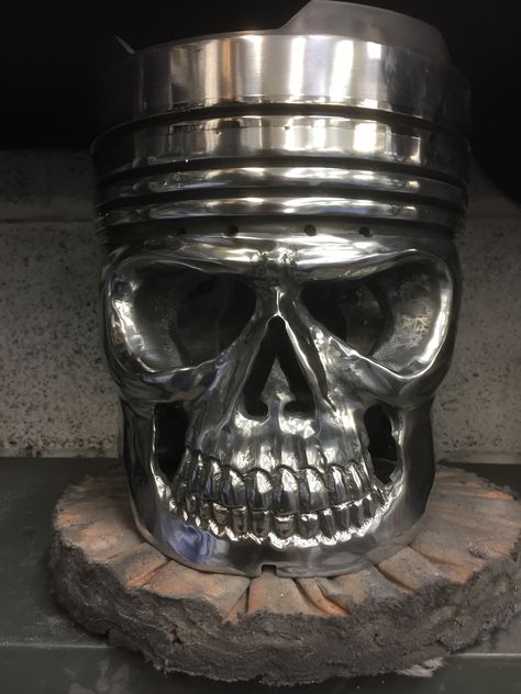 Piston skull. Piston Carving, Piston Skull, Piston Art, Kustom Kulture Art, Welding Crafts, Carved Skull, Garage Art, Skull Mask, Skull Carving