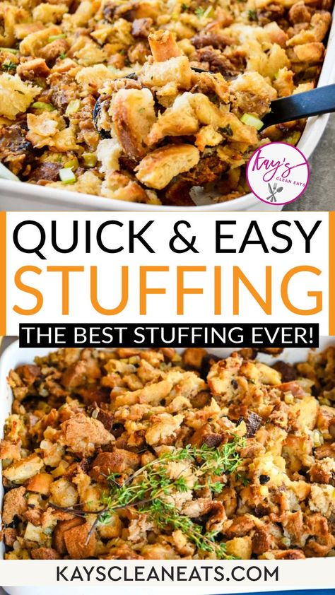 Easy Stuffing is a classic, traditional recipe. Also known as Thanksgiving Dressing, this timeless thanksgiving classic will be your new go-to stuffing recipe! Made with simple ingredients that have the most delicious results, everyone loves it! We call it stuffing, but I know some call it dressing. I guess the proper term here is dressing, considering I don’t stuff it in my bird, but we always called it stuffing growing up Make this Easy Stuffing Recipe for your holiday table! | @kayscleaneats Easy Stuffing Recipe Thanksgiving, Easy Homemade Stuffing, Homemade Stuffing Recipe, Traditional Stuffing Recipe, Homemade Stuffing Recipes, Classic Stuffing Recipe, Traditional Stuffing, Easy Stuffing Recipe, Dressing Recipes Thanksgiving