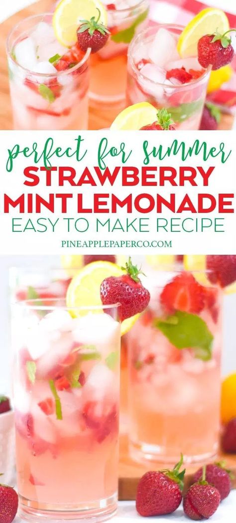 Easy Tea Party Drinks, Strawberry And Mint Infused Water, Strawberry Kiwi Lemonade Recipe, Pineapple Mint Lemonade, Mint Strawberry Lemonade, Raspberry Mint Lemonade, Mint Lemonade Recipe Homemade, Strawberry Mint Drink, Fun Lemonade Recipes