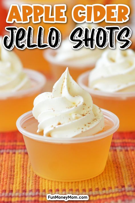 These apple cider Jello shots with Fireball Whiskey are a delicious and boozy sweet treat that's perfect for apple season. It's a boozy treat that'll bring plenty of extra festive fun to all your fall parties! Carmel Vodka Jello Shots, Bourbon Pudding Shots, Bacardi Jello Shots Recipes, Rumchata Jello Shots, Jello Shots With Fireball, Apple Cider Shots, Shots With Fireball, Thanksgiving Jello Shots, Fall Jello Shots