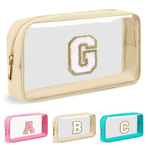 PRICES MAY VARY. 【Personalized Gift】This personalized embroidered glitter monogram makeup bag is available in 26 monogram styles. Perfect as a gift for daughters, granddaughters, girlfriends and best friends on special occasions like Valentine's Day, Christmas, anniversaries or birthdays. No one can resist such a stylish bag! 【Chenille Letter Patch Bag】Preppy initial makeup bag with professionally sewn chenille letter patches. You don't have to worry about them falling off. With its waterproof n Clear Makeup Bag, Monogrammed Makeup Bags, Patch Bag, Clear Cosmetic Bag, Pencil Case Pouch, Travel Skincare, Clear Makeup, Letter Patches, Clear Makeup Bags