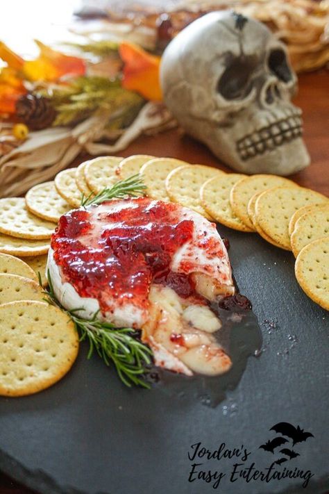 Halloween Bree Cheese, Baked Brie Raspberry Jam, Halloween Brie Cheese Ideas, Brie Raspberry Appetizer, Baked Brie With Raspberry Jam, Halloween Brie Cheese, Halloween Baked Brie, Brie Halloween, Halloween Brie