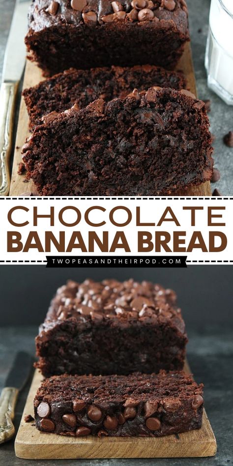 This Chocolate Banana Bread is the best homemade breakfast idea! This banana bread recipe is moist, tender, and a chocolate lover's dream! Add this recipe to your back-to-school food ideas! Chocolate Banana Nut Bread, Banana Bread With Chocolate, Chocolate And Banana Bread, Moist Chocolate Banana Bread, Breakfast Banana Bread, Chocolate Banana Bread Recipe Easy, Bread Chocolate Recipes, 5 Ripe Banana Recipes, Best Chocolate Chip Banana Bread Recipe