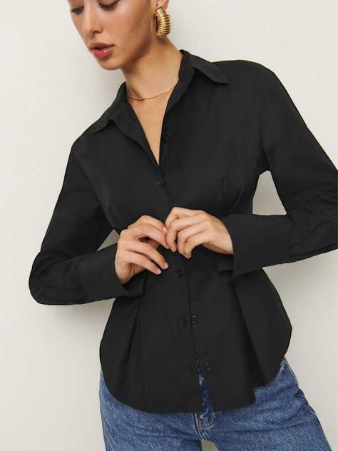 Buttoned up. Shop the Becker Shirt from Reformation, a long-sleeve top with a collared neckline, button front, and tailored waist.