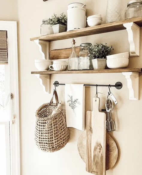 Pot Hanging Ideas Kitchen Wall, Bare Wall In Kitchen Ideas, Simple Farmhouse Kitchen Wall, Kitchen Decorating Ideas Farmhouse, Farmhouse Corner Shelf Kitchen, Cottagecore Kitchen Wall Decor, Blank Wall In Kitchen, Kitchen Empty Wall Ideas, Empty Kitchen Wall Ideas