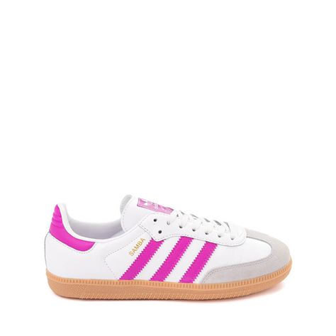 adidas Samba OG Athletic Shoe - Big Kid - Cloud White / Purple Burst Trending Adidas Shoes, Cute Sambas, Nike Shoes Trendy, Sambas Pink, Cute Trendy Shoes, Cute Summer Shoes, School Wishlist, Cute Adidas, Nike Shoes Women Fashion