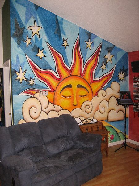 I love those clouds! Spiritual Wall Mural, Hippie Wall Painting, Spiritual Paintings Easy, Trippy Wall Mural, Sun Mural, Trippy Painting, Hippie Painting, Mural Ideas, Wall Murals Painted