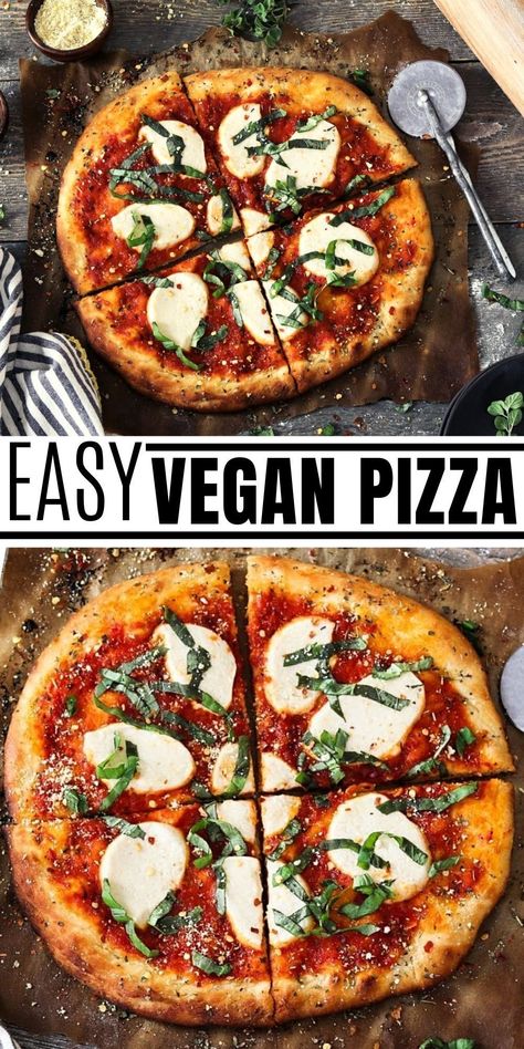 This Vegan Pizza Recipe is so easy to make and will be on your table in just one hour (or less). With the most delicious crust that is crispy on the outside and fluffy on the inside! It'll be a sure hit! #veganhuggs #veganpizza #pizza Easy Vegan Pizza, Vegan Pepperoni Pizza, Pizza Sauces, Vegan Pizza Dough, Plant Based Pizza, Vegan Pepperoni, Vegan Pizza Recipe, Healthy Pizza Recipes, Pizza Making