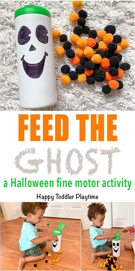 Feed the Ghost Fine Motor Activity - HAPPY TODDLER PLAYTIME Create a fun Halloween fine motor toddler activity using recycled materials and pom poms! It's a great not too scary Halloween activity for little ones! #halloweenactivities #toddleractivity #pompoms Halloween Fine Motor, Halloween Activities For Toddlers, Halloween Lesson, Halloween Sensory, October Activities, Fine Motor Activity, Halloween Week, Halloween Crafts For Toddlers, Halloween Activity