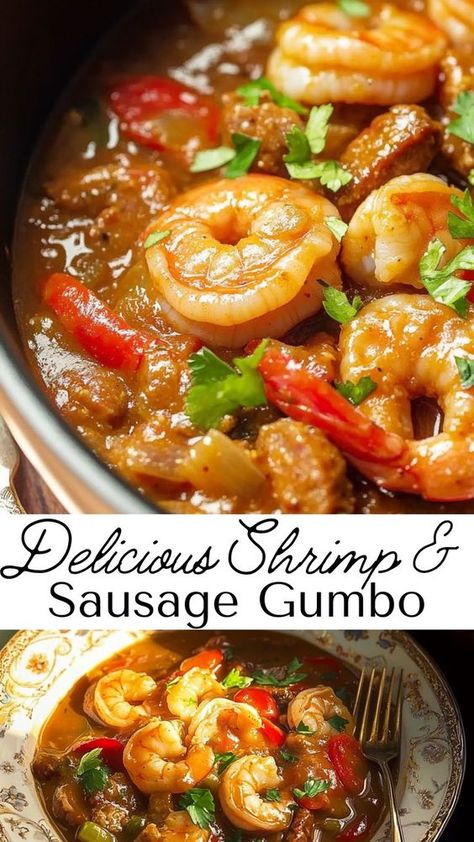 Experience the rich, deep flavors of an authentic Cajun shrimp and sausage gumbo! This hearty dish combines succulent shrimp, smoky sausage, and vegetables in a robust, spicy broth that’s slow-simmered to perfection. The secret to its depth of flavor lies in the Cajun trinity of onions, bell peppers, and celery, and the roux that creates the base. Pair with rice or cornbread for a complete meal that’s sure to satisfy any craving for a comforting, Southern-inspired dish. Shrimp And Bell Peppers Recipes, Spicy Gumbo Recipe, Gumbo Recipe Authentic, Shrimp And Sausage Gumbo Recipe, Sausage And Shrimp Gumbo, Cajun Trinity, Spicy Gumbo, Shrimp Gumbo Recipe, Cajun Shrimp And Sausage