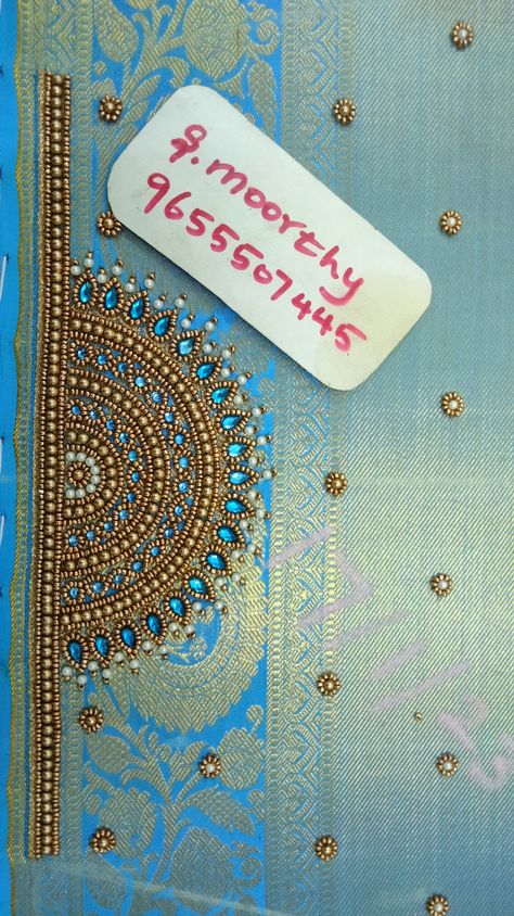 Aari Work Blouse Off Sleeve, Sleeve Design For Aari Work, Simple Bead Work Aari Blouse, 1500 Aari Work Blouse, Straight Line Aari Work Blouse Design, Simple Aari Sleeve Design, Light Blue Blouse Designs, Aari Sleeve Designs, Hand Aari Work Design