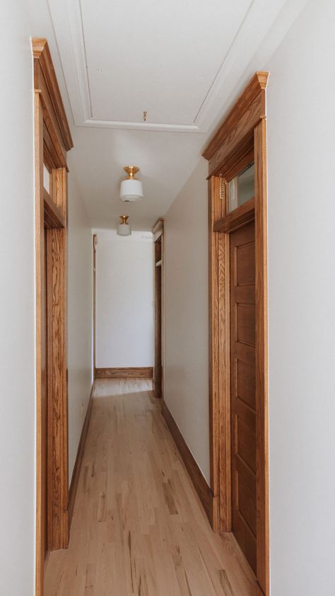 Julian Street - Victorian - Hall - Denver - by J Reiko Design + Co. | Houzz 90s Oak Trim, Oak Floor And Doors, Light Flooring Dark Trim, Light Wood Floors Dark Trim, Wood Stain Trim Interior, Stained Trim With White Doors, Honey Oak Doors With White Trim, White Door Wood Trim, Updating Wood Trim