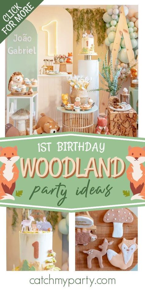 Feast your eyes on this beautiful woodland 1st birthday party! Love the cookies! See more party ideas and share yours at CatchMyParty.com Woodland Animal 1st Birthday Party, 1st Birthday Woodland Theme, Forest Friends First Birthday, Diy Woodland Birthday Decor, Woodland Birthday Party Decorations Forest Animals, Woodland Animals Party, Animal Theme Birthday, Woodland Animal Birthday, Birthday Drinks