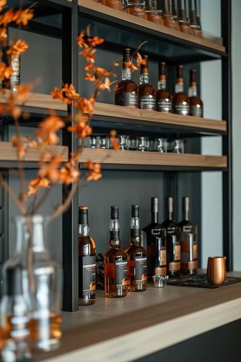 How To Style A Dry Bar: Decor Ideas Bar Cabinet Organization Ideas, Dry Bar Decorating Ideas, Bar Liquor Display, Bourbon Cabinet Ideas, Barware Display Ideas, Dry Bar Decor, Alcohol Bar For Home, Modern Bar Ideas For Home, Liquor Bar Ideas For Home