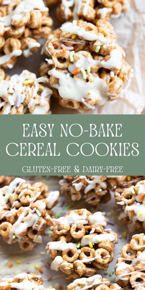 No-Bake Cereal Cookies are a fun and delicious treat that can be enjoyed for breakfast, dessert, or a snack! Just stir together a few pantry staples, freeze, and drizzle with chocolate. They're gluten-free, dairy-free, and great for kids! Dairy Free Treats For Kids, Gluten Free Cereal Recipe, Dairy Free Snacks For Kids, Wheat Free Snacks, February Food, Gf Snacks, Dairy Free Recipes Dessert, Cereal Cookies, Gluten Free Desserts Healthy