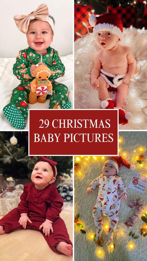 Adorable Christmas baby photo inspiration featuring festive outfits, cozy holiday settings, and joyful baby moments perfect for your holiday photography ideas. Capture the magic of the season with these charming baby picture ideas! Infants Christmas Pictures, Christmas Light Baby Photo, Christmas Pic Ideas For Baby, Baby Photo Shoot Christmas Theme, 6 Month Baby Christmas Pictures, Christmas Light Baby Pictures, Sleeping Baby Christmas Pictures, First Month Pictures Ideas, 12 Month Old Christmas Photos