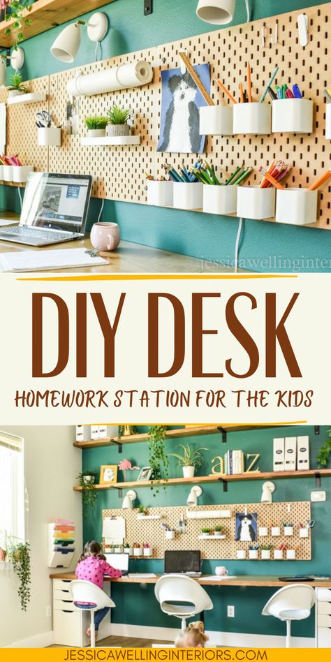 This DIY school desk for home has it all! Three workstations, pegboard for school supplies, lighting, and floating shelves! Diy Desk Ideas With Storage, Butcher Block Desk Diy, Desk Wall Ideas, Homemade Desk Ideas, Diy Desk Hutch, Kids Craft Desk, Diy School Desk, Floating Desk Diy, Kids Desk Ideas