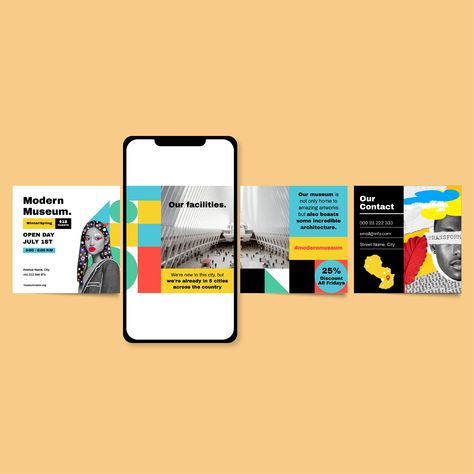 Modern Museum Instagram Post Carousel Modern Instagram Post Design, Seamless Carousel Design, Museum Social Media, Branding Deck, Carousel Ads Design, Instagram Carousel Design, Carousel Post Design, Instagram Carousel Post, Advertising Campaign Design