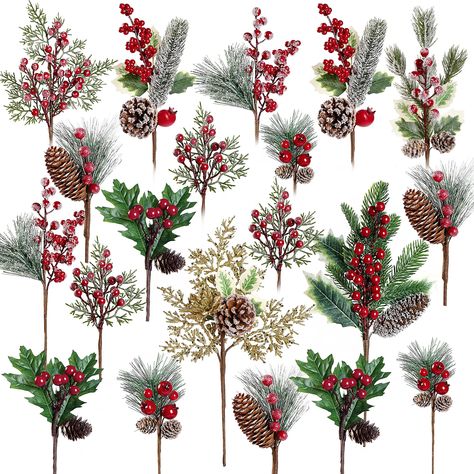 PRICES MAY VARY. PACKAGE & SIZE：Includes 20 pieces 10 different kinds of artificial Christmas picks, the length of these assorted red berry picks stem various from 7inch to 13.9inch,it’s longer and bigger compared to the others. You can twist them and adjust to the suitable height, adequate enough to match many holiday ornaments and satisfy your diverse. PREMIUM MATERIAL: These faux pine picks & spray are made of high quality plastic and foam, inside the stem is iron wire wrapped with plastic. T Christmas Tree Picks And Sprays Diy, Diy Christmas Sprays And Picks, Diy Christmas Floral Picks, Christmas Tree Sprays And Picks, Floral Picks Christmas Tree, Christmas Tree Picks, Holiday Floral Arrangements, Holiday Table Centerpieces, Christmas Pine Cones