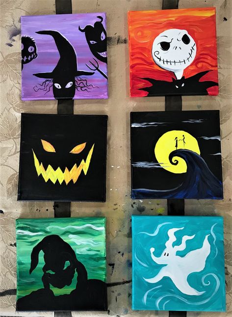 Join Create It in Donelson as they create this unique tribute to “The Nightmare before Christmas”.  You will paint 3, 8″ x 8″ canvases, using stencils and your preferred color scheme (more Nightmare Before Christmas Trio, Halloween Canvas Paintings, Halloween Canvas Art, Nightmare Before Christmas Drawings, Disney Canvas Art, Disney Canvas, Christmas Paintings On Canvas, Simple Painting, Hippie Painting