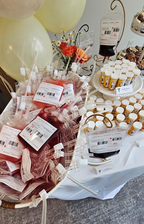 Nursing Graduation Dessert Table, Medical Assistant Party Ideas Graduation, Healthcare Themed Party, Anesthesia Graduation Party, Nursing Party Centerpieces, Fnp Graduation Party Ideas, Graduation Party Nursing, Nurse Grad Party Food, Dr Graduation Party Ideas